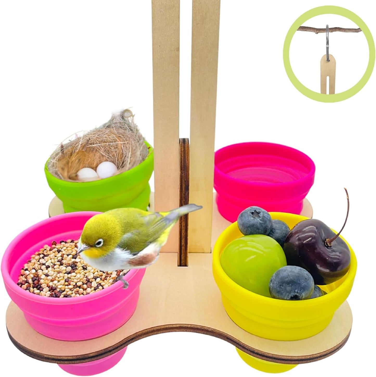Bird Feeder for Outdoors, Hanging and Standing Bird Feeder, Wooden Feeders, Food and Water Bowls with 4 Food-Grade Silicone Cups, Indoor or Outdoor