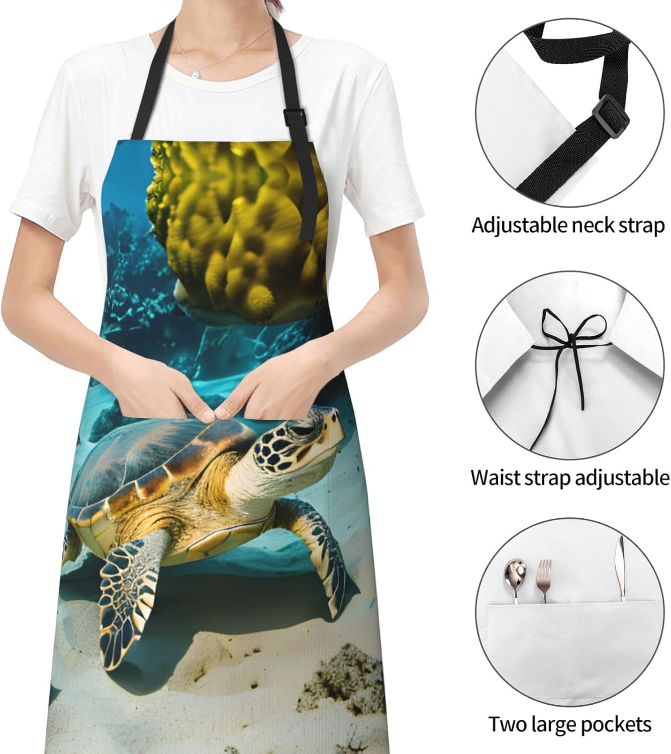 Sea Turtle Print 28x33 In Adult Kitchen Apron with Pockets Versatile Chef Smock for Cooking Baking