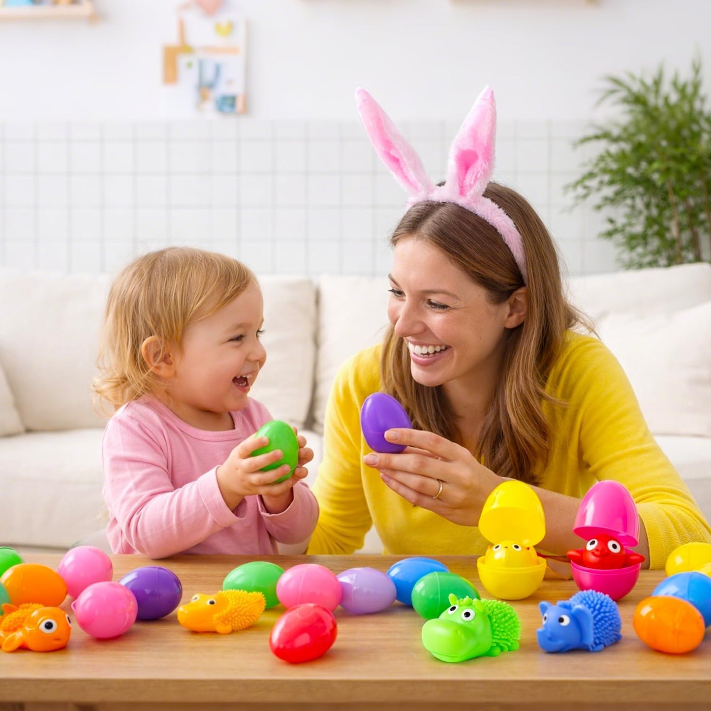 24Pack Easter Prefilled Eggs with Squishy Toys Inside Bright Plastic Easter Eggs Filled Cute Stress Reliever Squishy Toy for Easter Basket Stuffers Animal Easter Egg Filler Classroom Prize Supplies