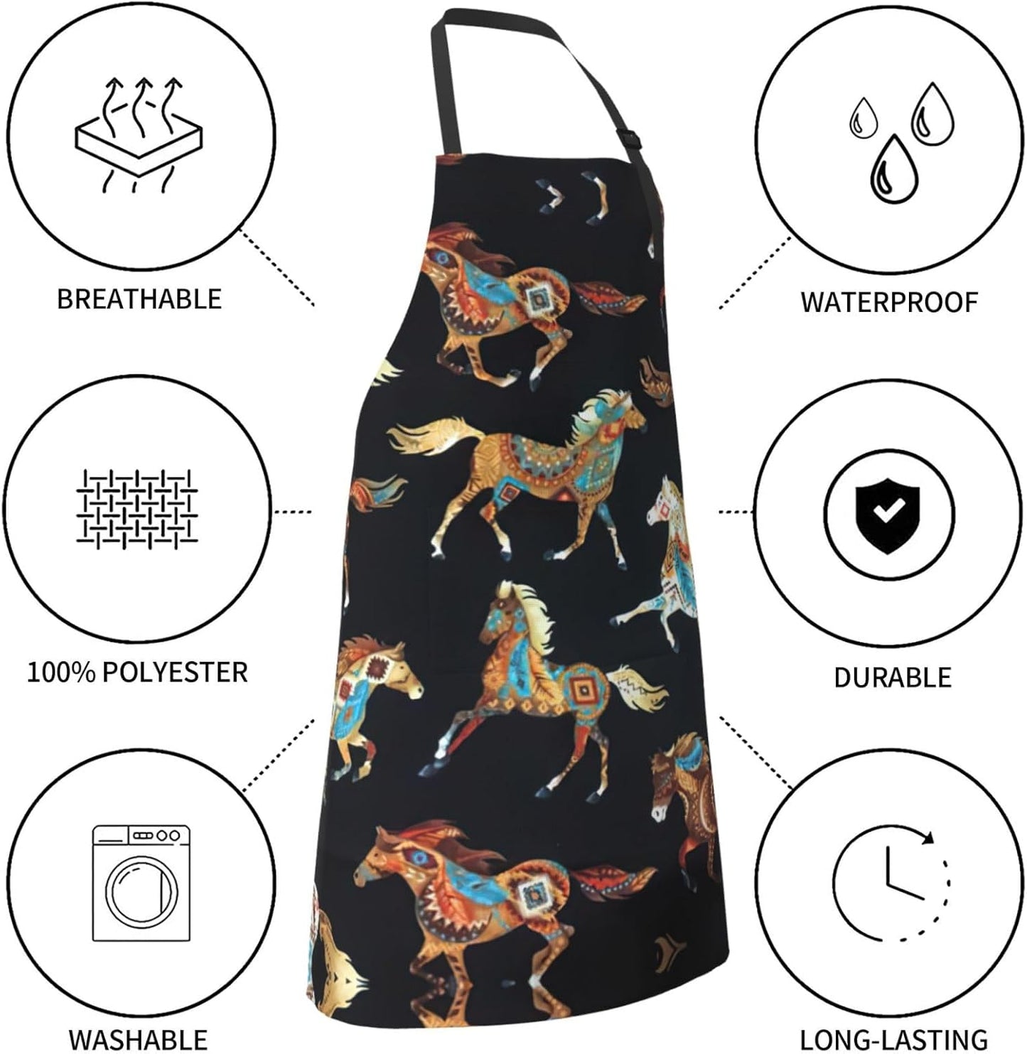 Brown Horse Print Laundry apron 28x33 In Waterproof Kitchen Apron with Pockets for Cooking Baking