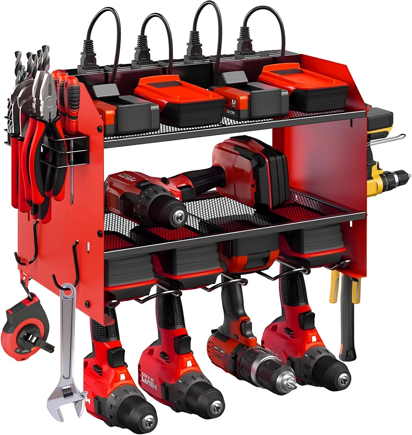 Power Tool Organizer wtih Charging Station，3 Layers Storage Rack with Screwdriver Rack 6 Drill Holders 8 Outlets Max Load 110lbs，for Workshop Garage Organizers and Storage Tool Battery Holder (Red)