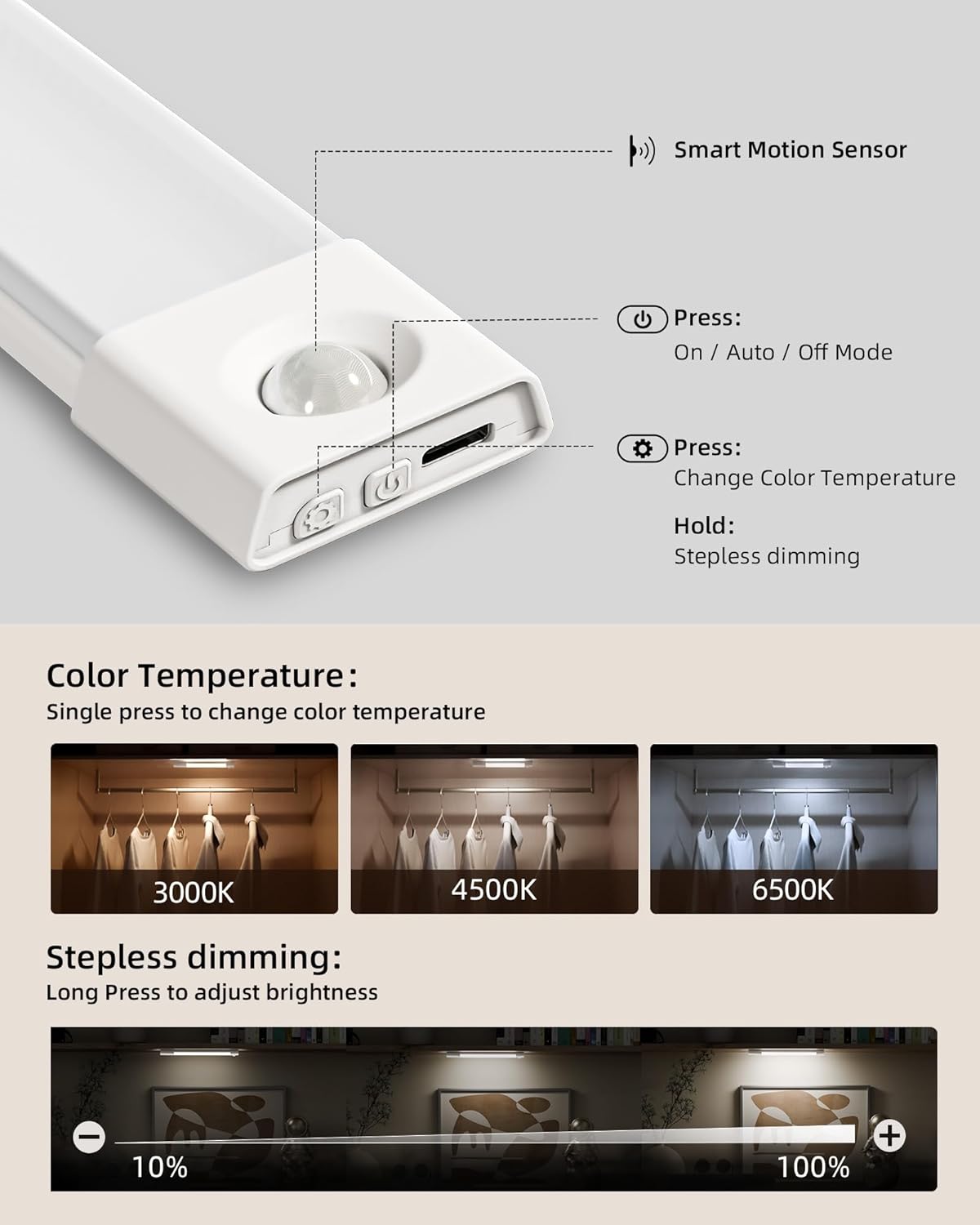 EZVALO 3 Pack 8” Motion Sensor Light Indoor, Wireless Under Cabinet Lighting, 30 LED Rechargeable Closet Lights, Dimmable, 3 Color Temperatures, Counter Lights for Wardrobe, Pantry, Bedroom, Kitchen