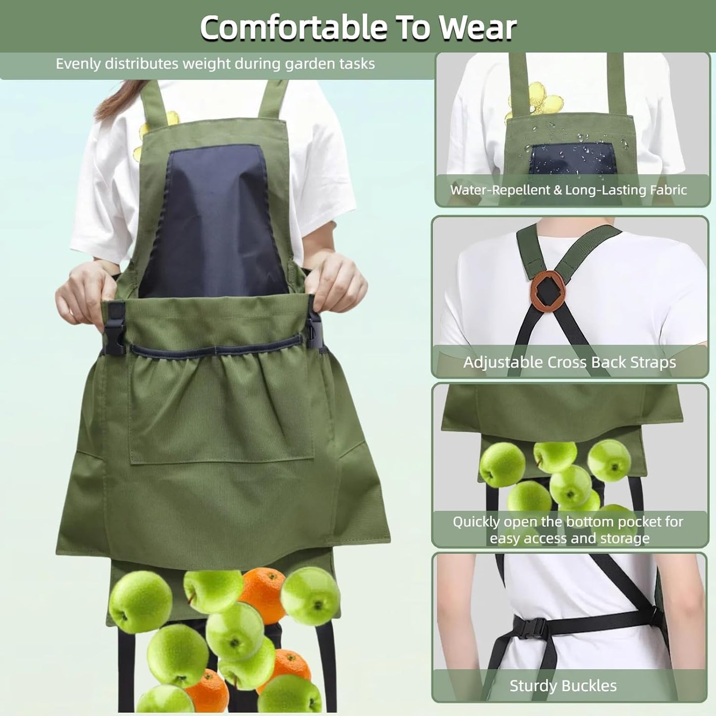 Garden Apron with Green Gloves-Adjustable Waist, Water-Repellent Gardening Apron with Pockets for Gardening and Kitchen Tasks