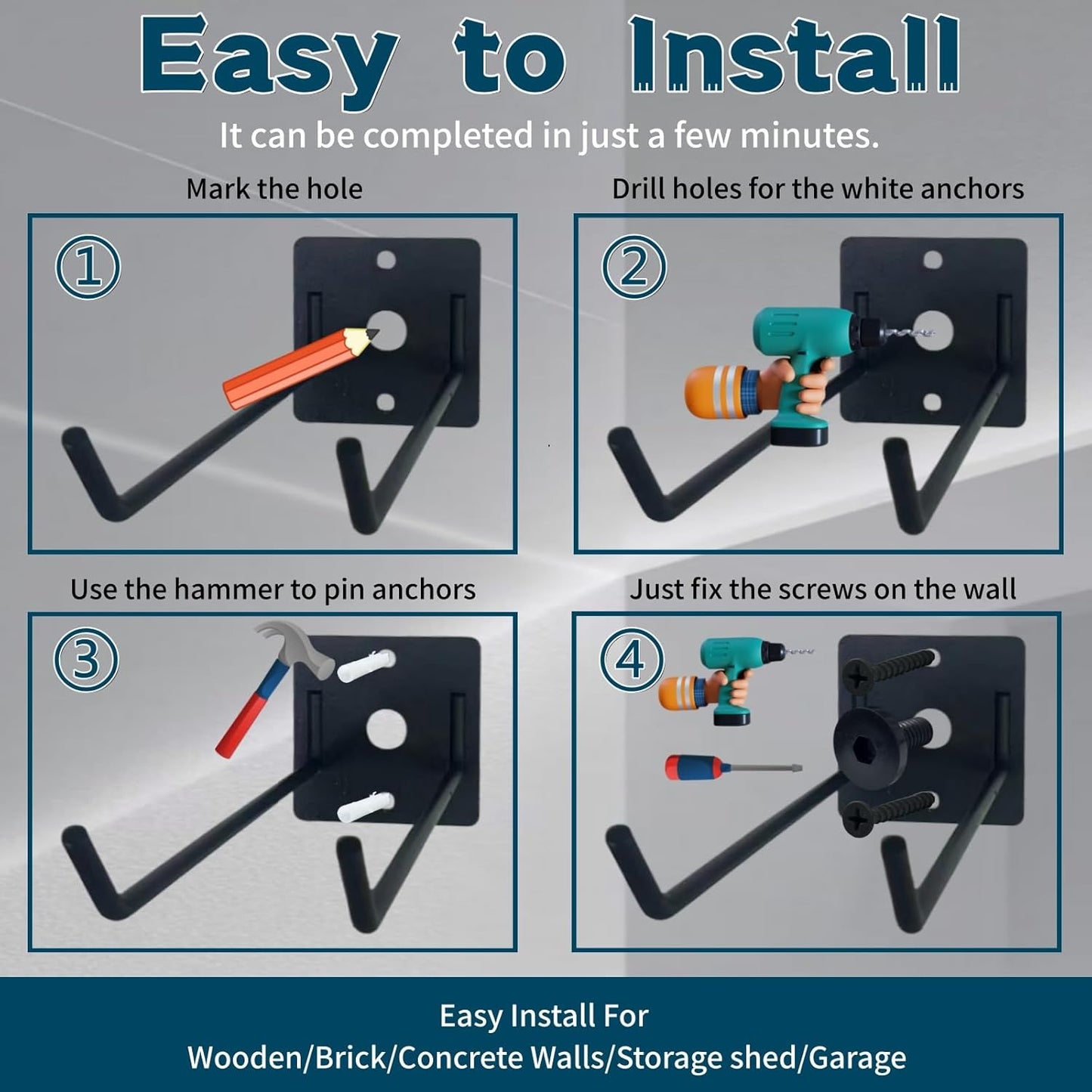 2 Pack Wall Mount Hook Tool Organizer,Garage Tool Organizer Wall Mount