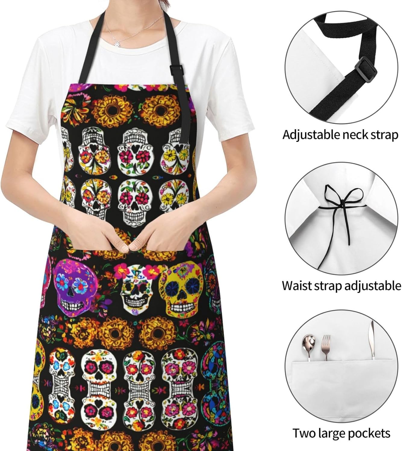 Rose Skull print Waterproof chef's apron with pocket apron for kitchen cooking baking barbecue and gardening