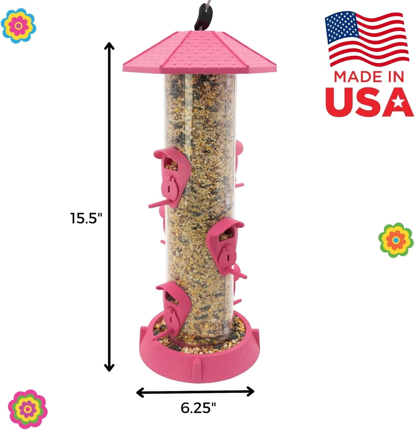 North States Village Collection - 2-in-1 Hinged-Port Birdfeeder Fiesta Pink: Hanging Bird Feeder for Outdoors, Holds 1.75 Pounds of Seed