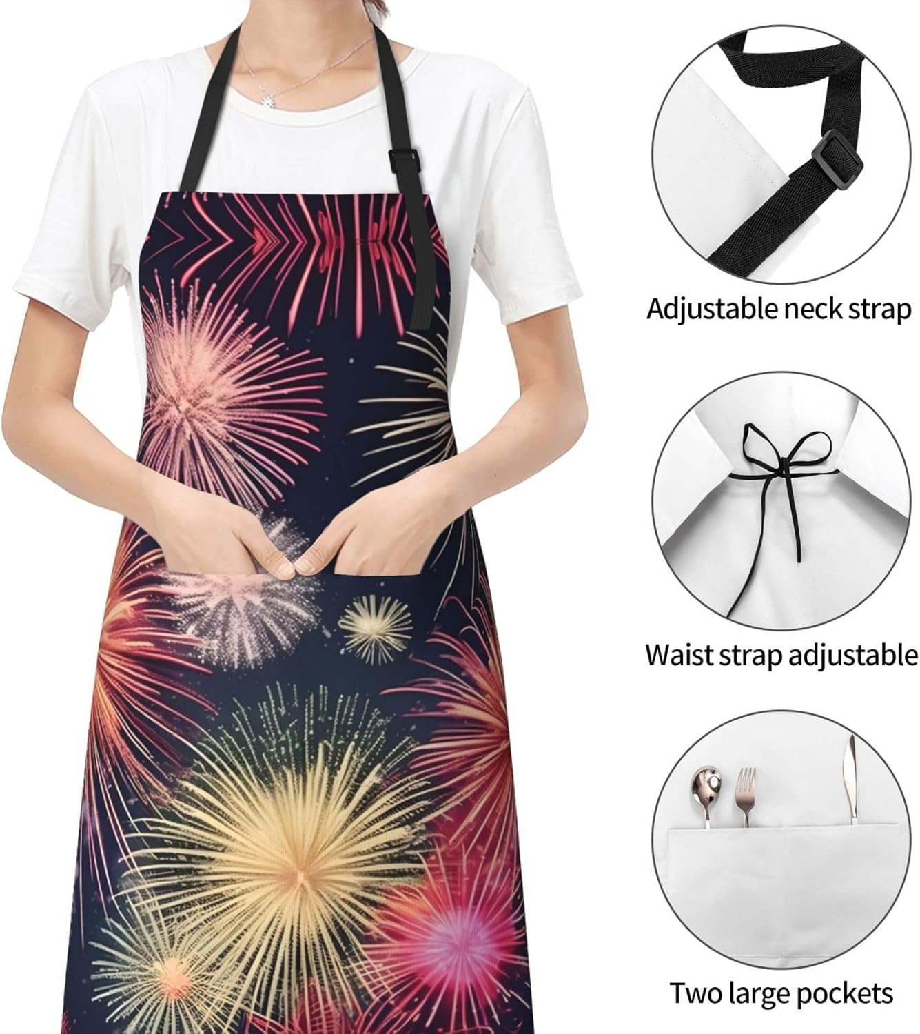 Beautiful Firework Print Laundry apron 28x33 In Waterproof Kitchen Apron with Pockets for Cooking Baking