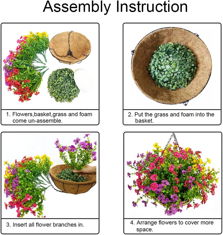 Artificial Flowers in Basket,Artificial Hanging Baskets with Flowers for Outdoor Indoor Courtyard Decor,12 inch Coconut Lining Basket for Patio Garden Porch Deck Decoration