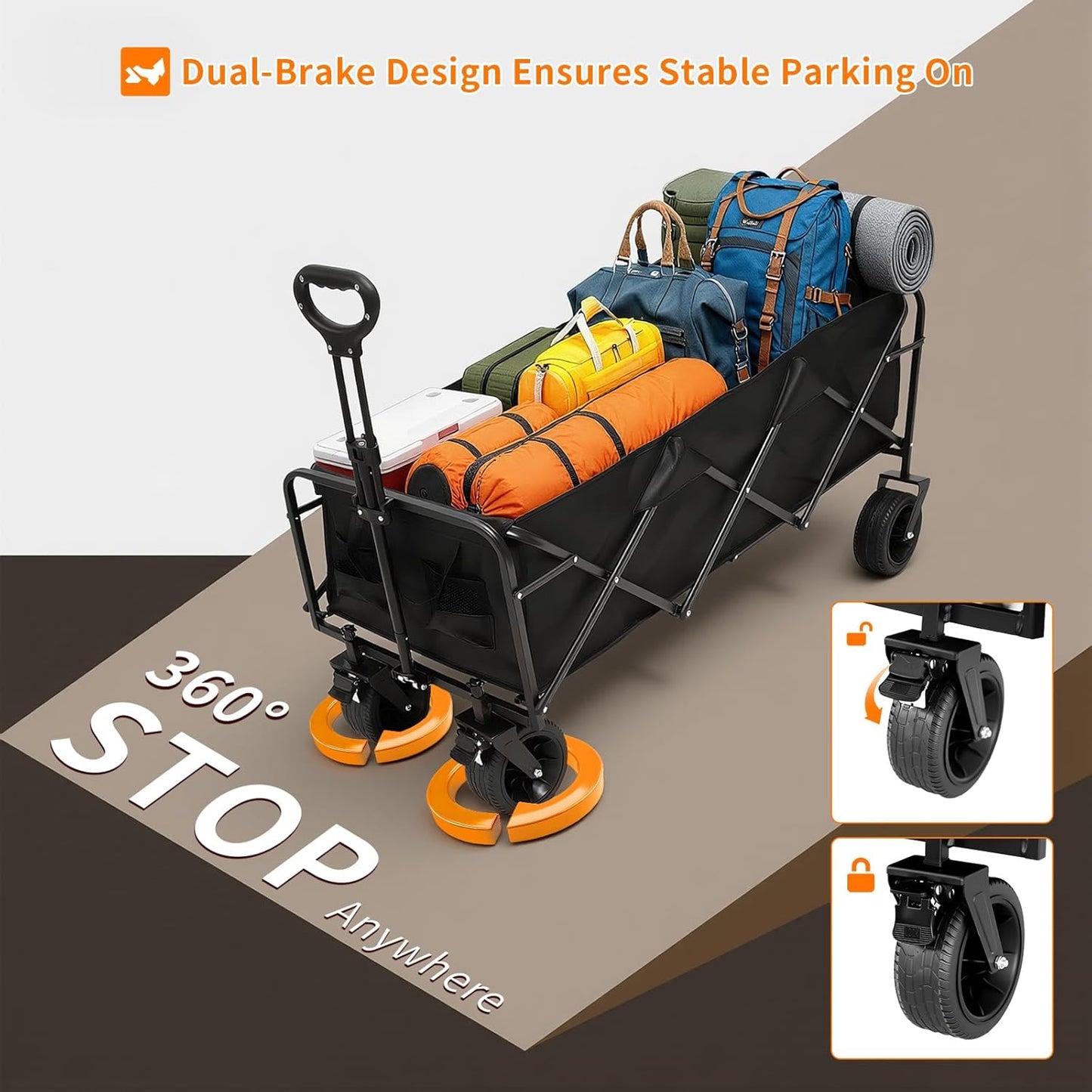 49" Extra Long Wagons Carts Foldable, 440 LBS Large Capacity Collapsible Wagon Heavy Duty with Wheels, Portable Utility Folding Wagon for Beach, Garden & Camping