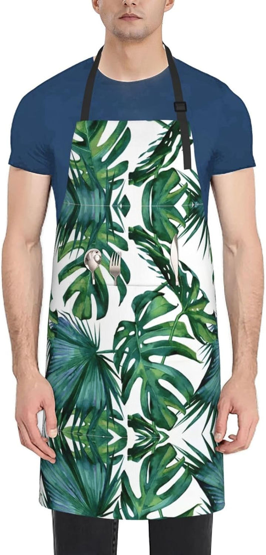 Green banana leaves print Waterproof apron with pocket adjustable cooking apron for adult kitchen bibs to bake