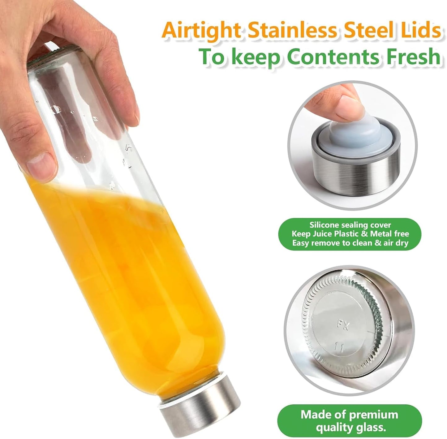 Zukro Glass Juice Bottles with Lids for Juicing 18 oz, Reusable Clear Glass Water Bottles with Stainless Steel Airtight Cap for Refrigerator, 100% Leak Proof Drinking Jar, BPA Free, Set of 6