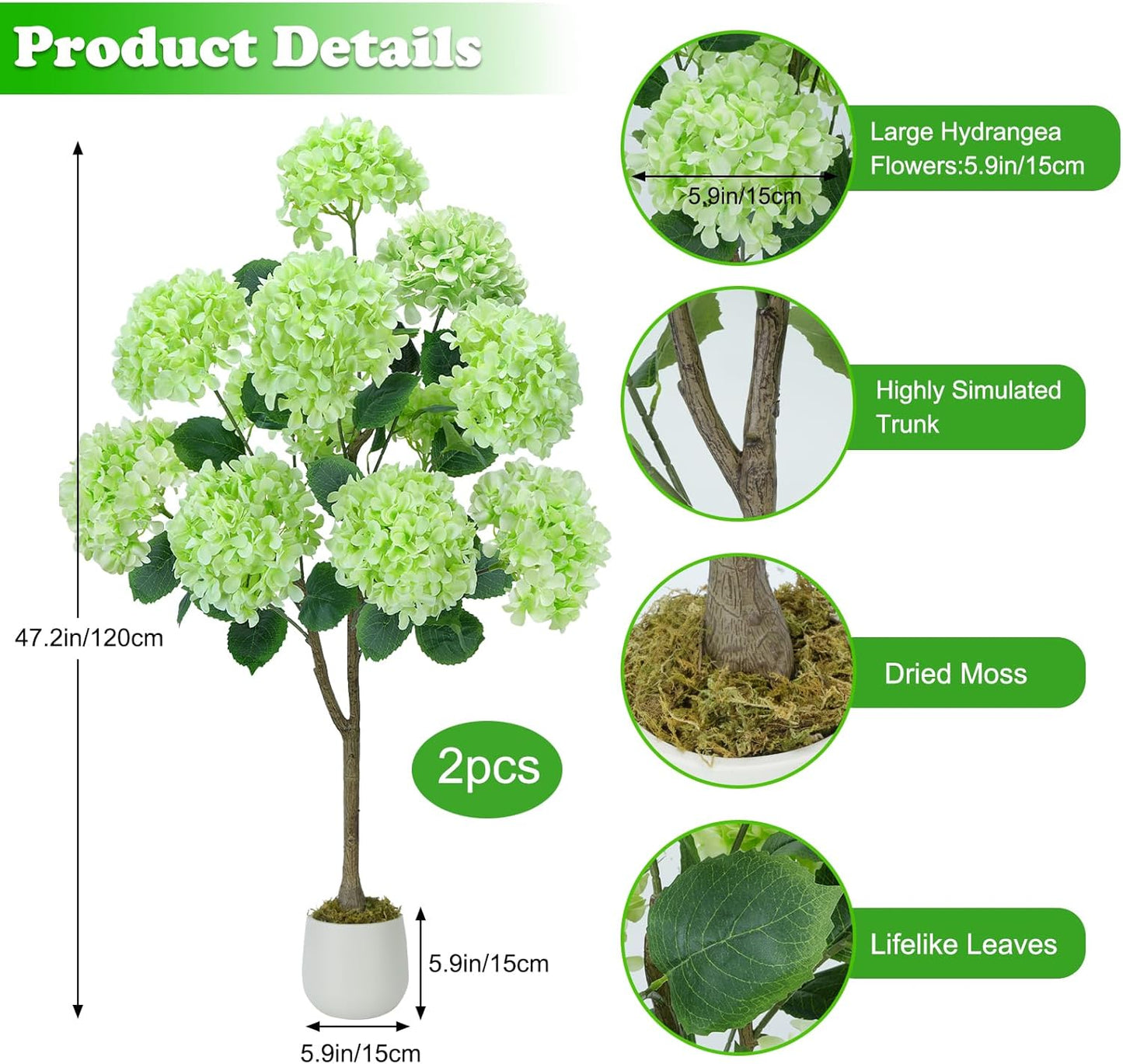GTIDEA Faux Hydrangea Tree, 47.2 Inch Hydrangea Tree Artificial with Green Flowers, UV Resistant Outdoor Hydrangea Artificial Plants in White Pot for Indoor Outdoor Home Porch Decor (2 Pack)