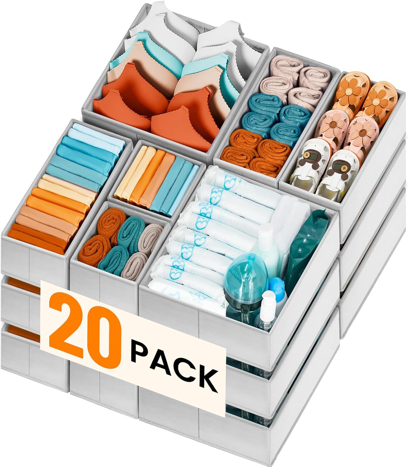 【FAMILY PACK】Drawer Organizer Clothes, 20 Pack Dresser Organizer Bins for Baby Clothes - Underwear Bra Sock Organizer - Fabric Closet Organization and Storage Dividers for Nursery Bedroom Dorm