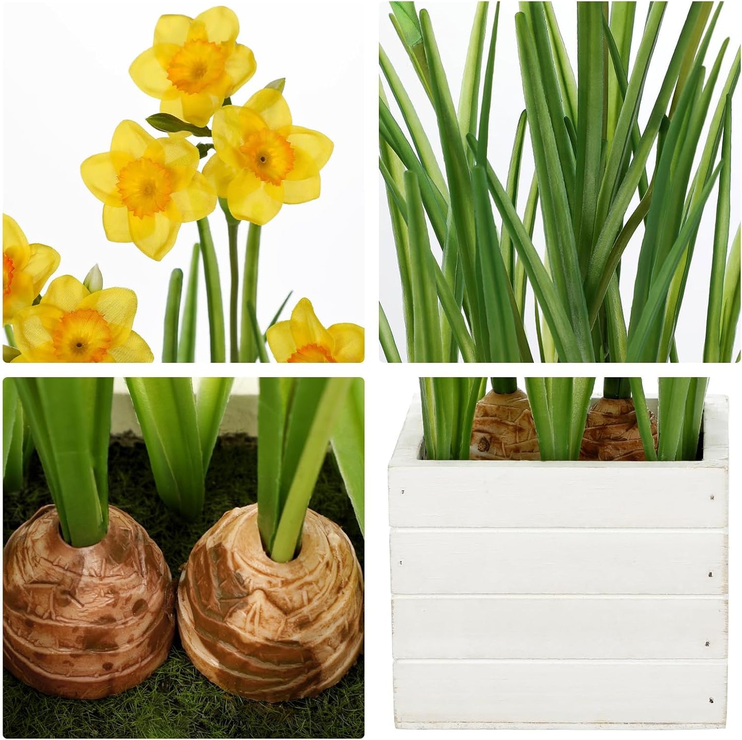 Yellow Daffodils Artificial Flowers In Wood Planter Pot, 15.7" Fake Potted Daffodils Plants Spring Floral Arrangements, Silk Daffodil Faux Spring Flowers for Living Room, Entryway, Bathroom Decor