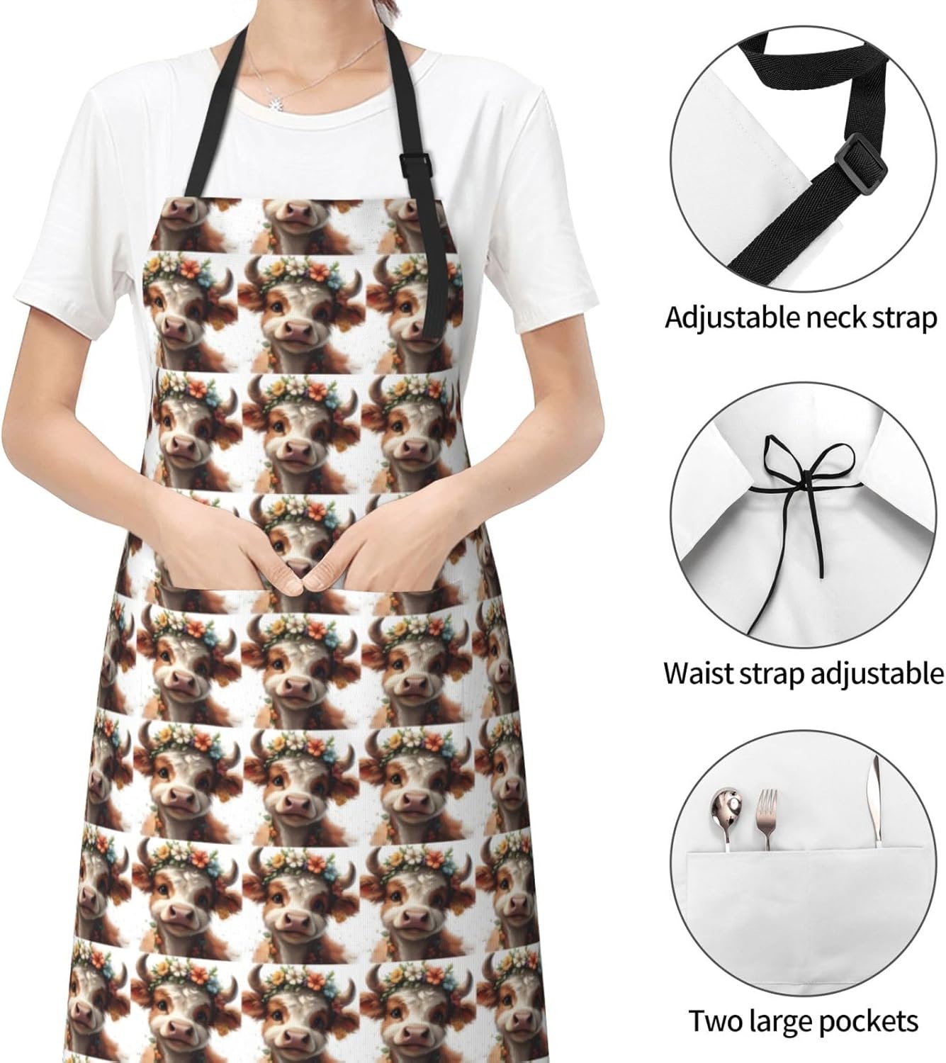 YANYU Animal cow Print 28x33 In Kitchen Apron Stylish Chef Apron with Pockets for Cooking Baking Painting