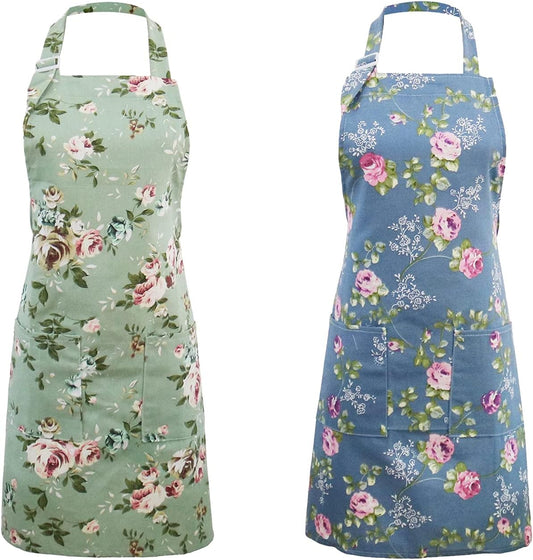 Kitchen Aprons for Women, 2 Pack Floral Aprons with 2 Pockets, Vintage