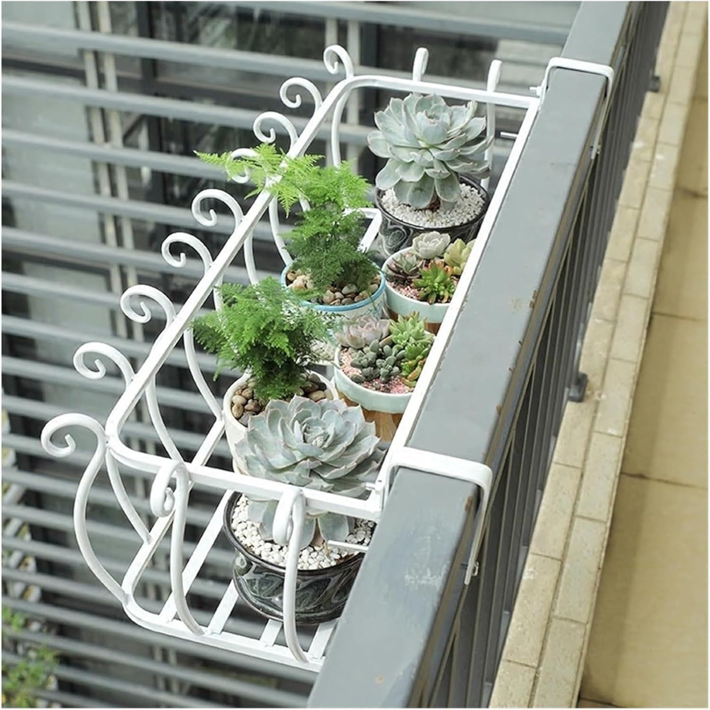 Wall-Mounted Railing Planter, Iron Fence Planters for Potted Plants & Succulents, Balcony Window Sill Flower Stand, Decorative White (100x28x22cm)
