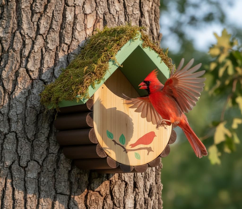 1pc Bird House for Bluebirds and Cadinals - Cedar Wood Large Open Bluebird House Nestbox - Birdhouse for Outside Wall Mountable - 1.5" Brass Plate Heavy 13/16" Thick - 10 Years Usage Multifunctional
