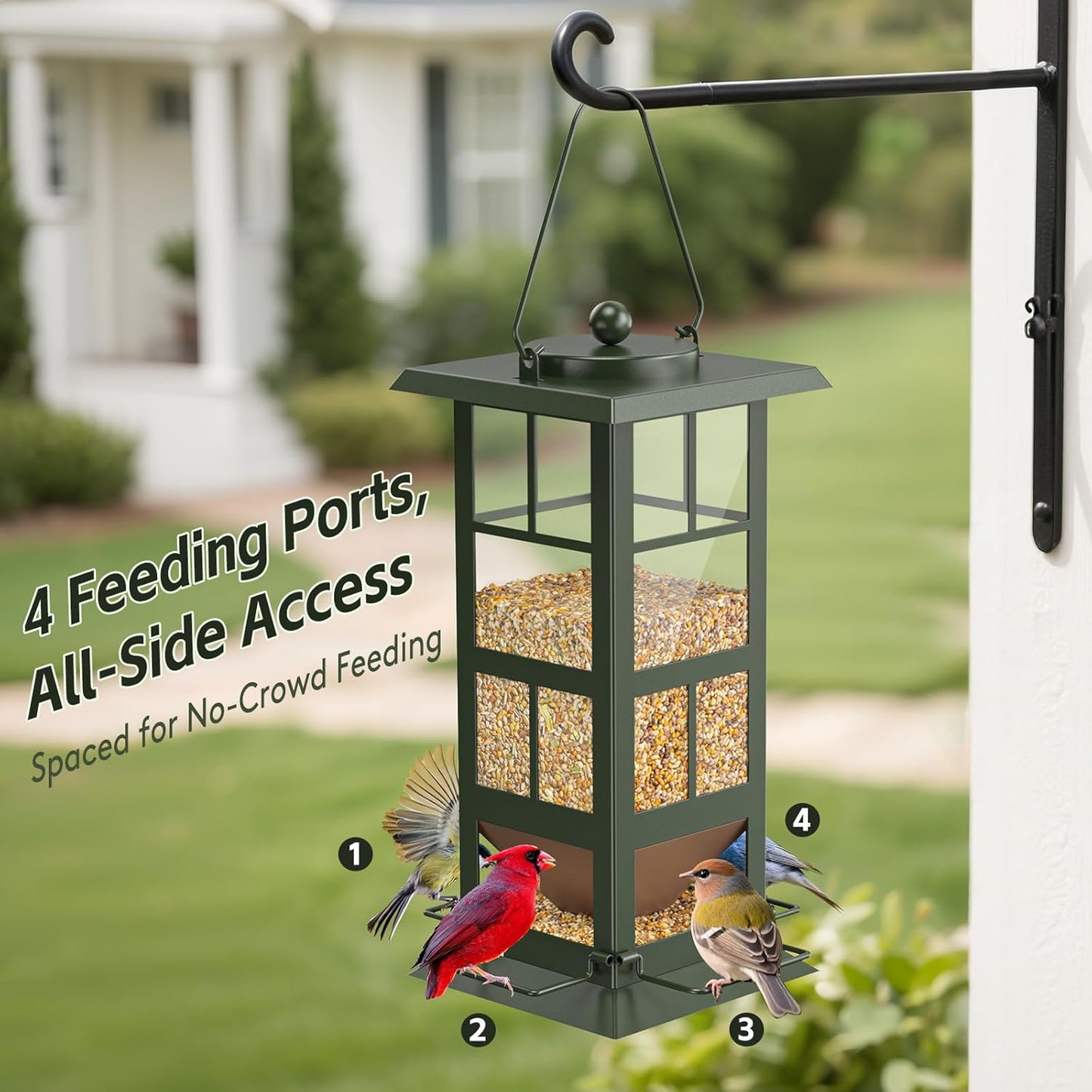 Wildpark Wild Bird Feeders for Outdoors - Small Metal Hanging 4 Port Bird Feeder with Drainage Holes, Easy to Fill Weatherproof Design - Attracts Cardinals, Blue Jays & More