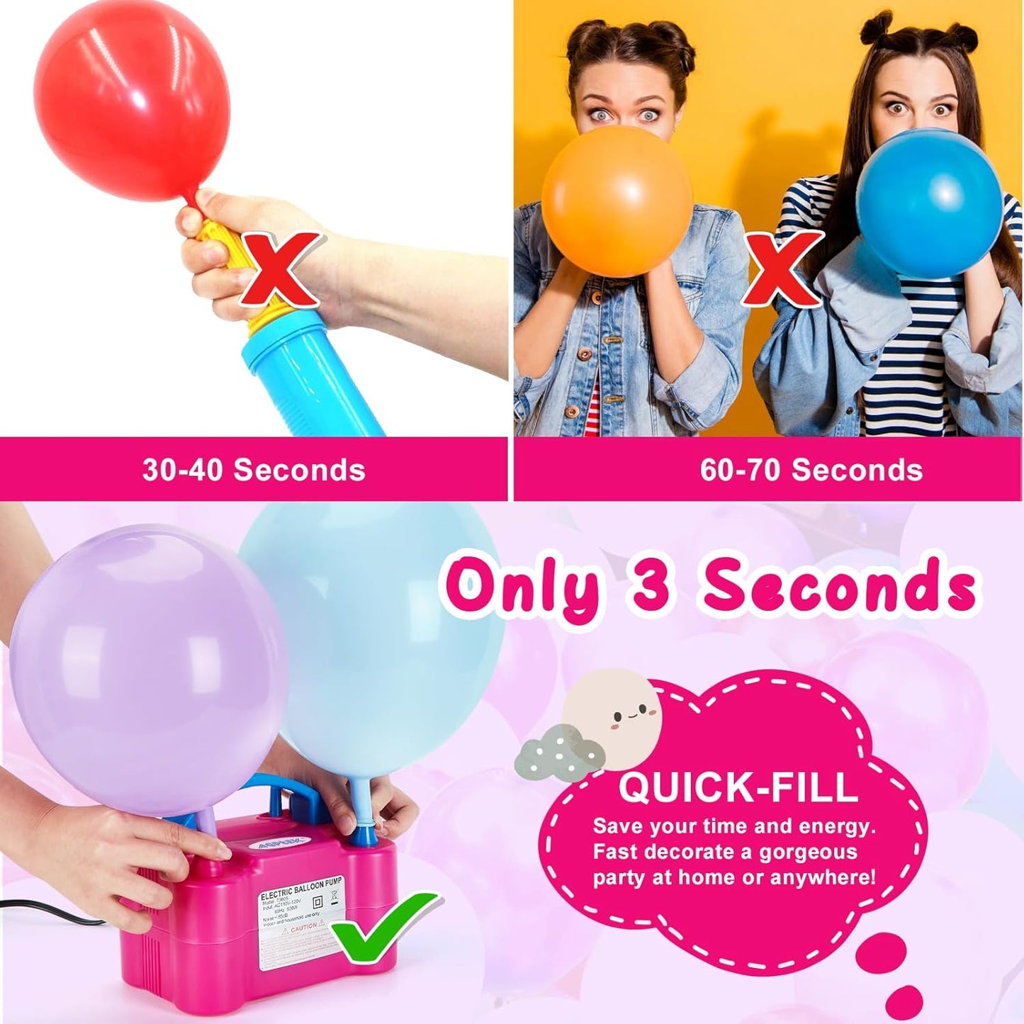 AGPTEK Electric Air Balloon Pump, 110V 600W Rose Red Portable Dual Nozzle Inflator/Blower for Party Decoration