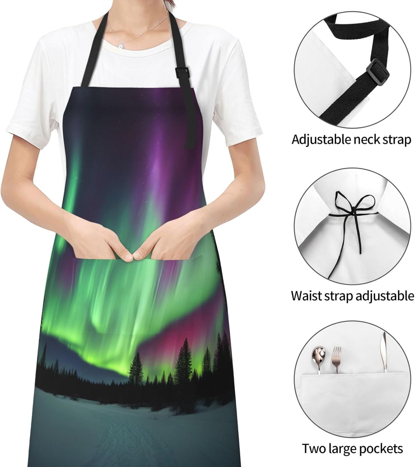 Northern Lights Painting print Waterproof chef's apron with pocket apron for kitchen cooking baking barbecue and gardening