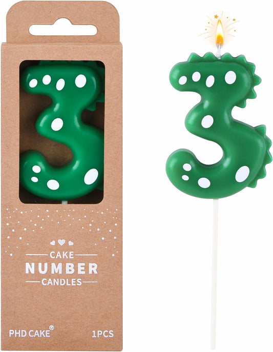 PHD CAKE 2.76 Inch Green Dinosaur 3 Number Birthday Candles, Dinosaur 