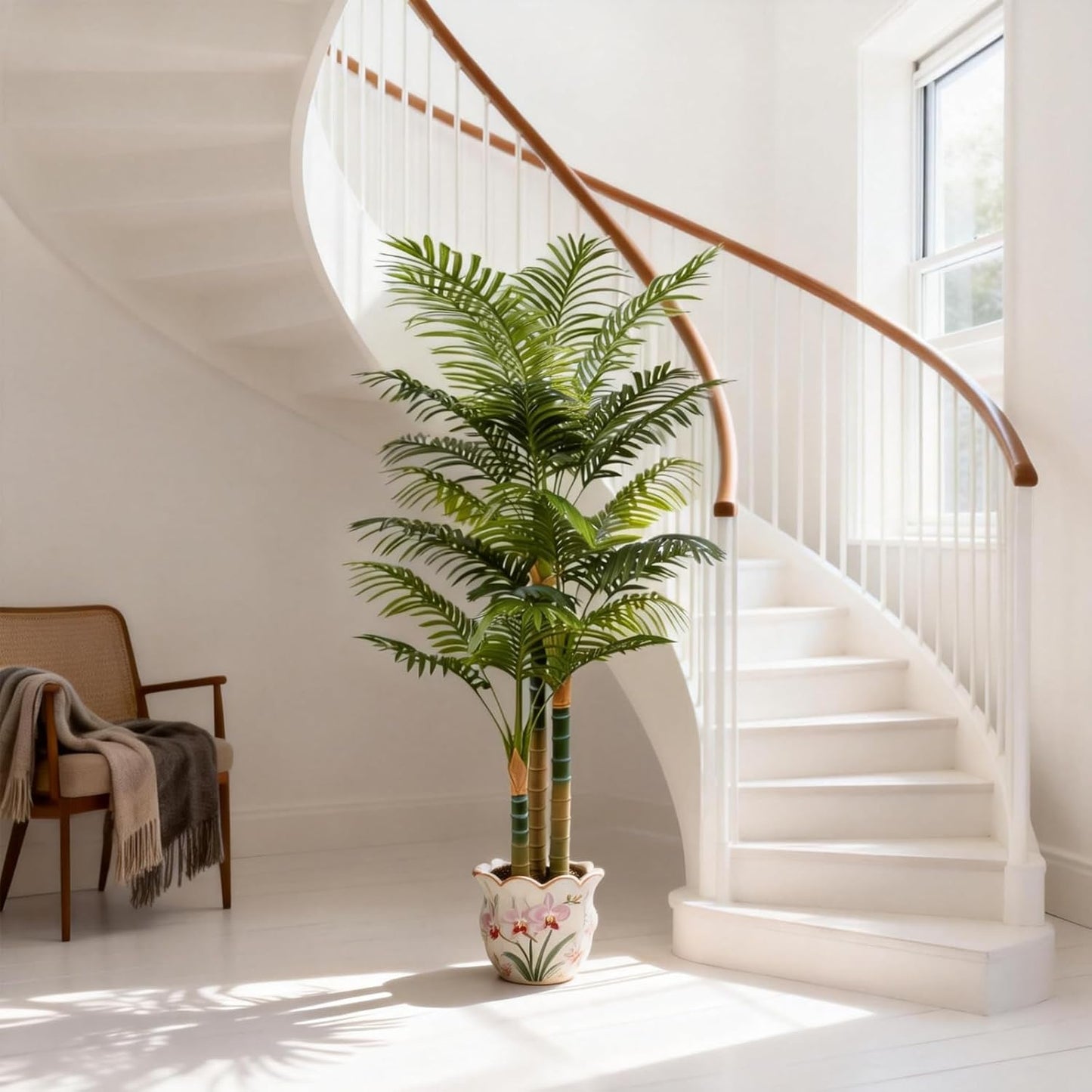 5FT Tall Golden Cane Artificial Palm Tree, Large Faux Palm Tree with 3 Textured Trunks, Outdoor Artificial Plants, Fake Tree for Indoor Office Living Room Outside Patio.