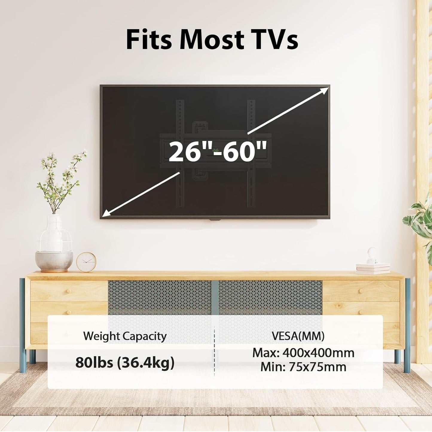 USX MOUNT Swivel TV Wall Mount for 26-60 Inch TVs up to 80 lbs, Single Articulating Arm, Full Motion TV Wall Mount Bracket with Swivel and Tilt, Max VESA 400x400mm