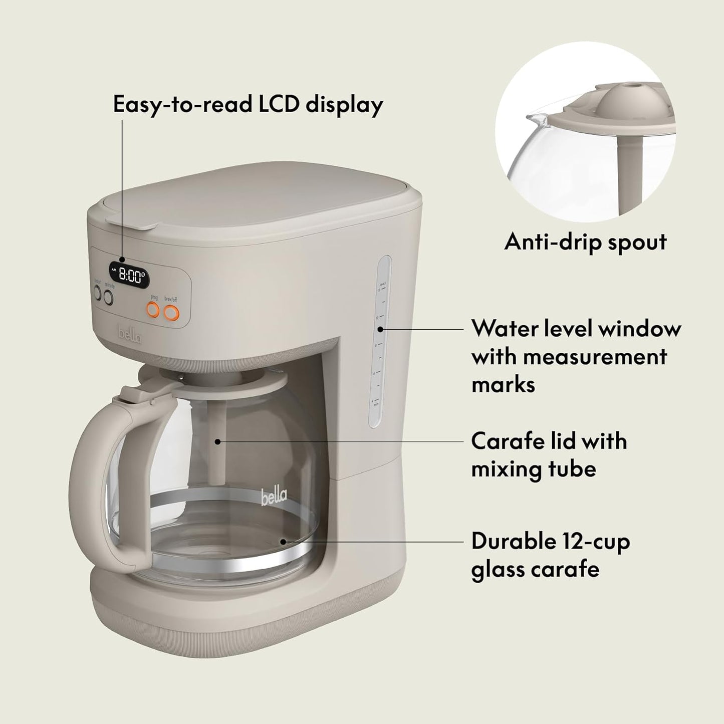 BELLA 12 Cup Programmable Coffee Marker, Reusable Dishwasher Safe Acce