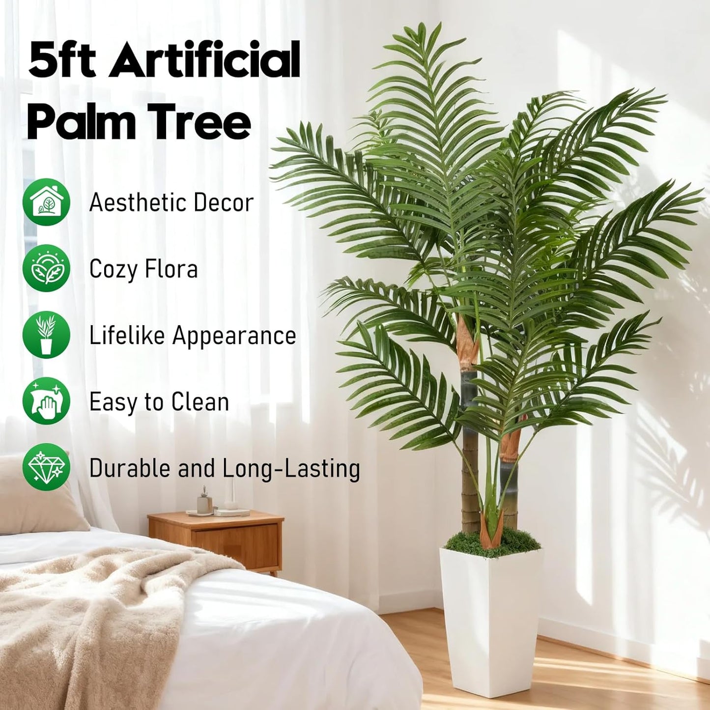 5ft Artificial Palm Tree Indoor Plant with White Tall Planter, Faux Silk Tropical Areca Floor Plant in Pot, Artificial Plants with Lifelike Leaves for Home Office Decor