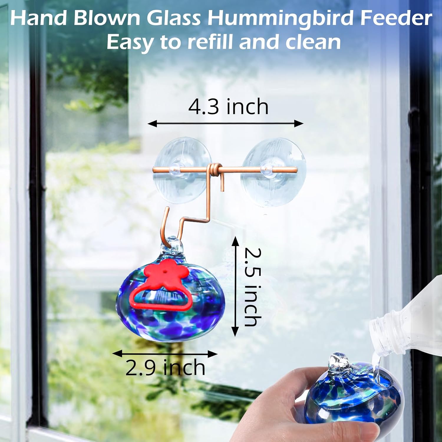 Window Hummingbird Feeder with Suction Cups,Hand-Blown Glass Hummingbi