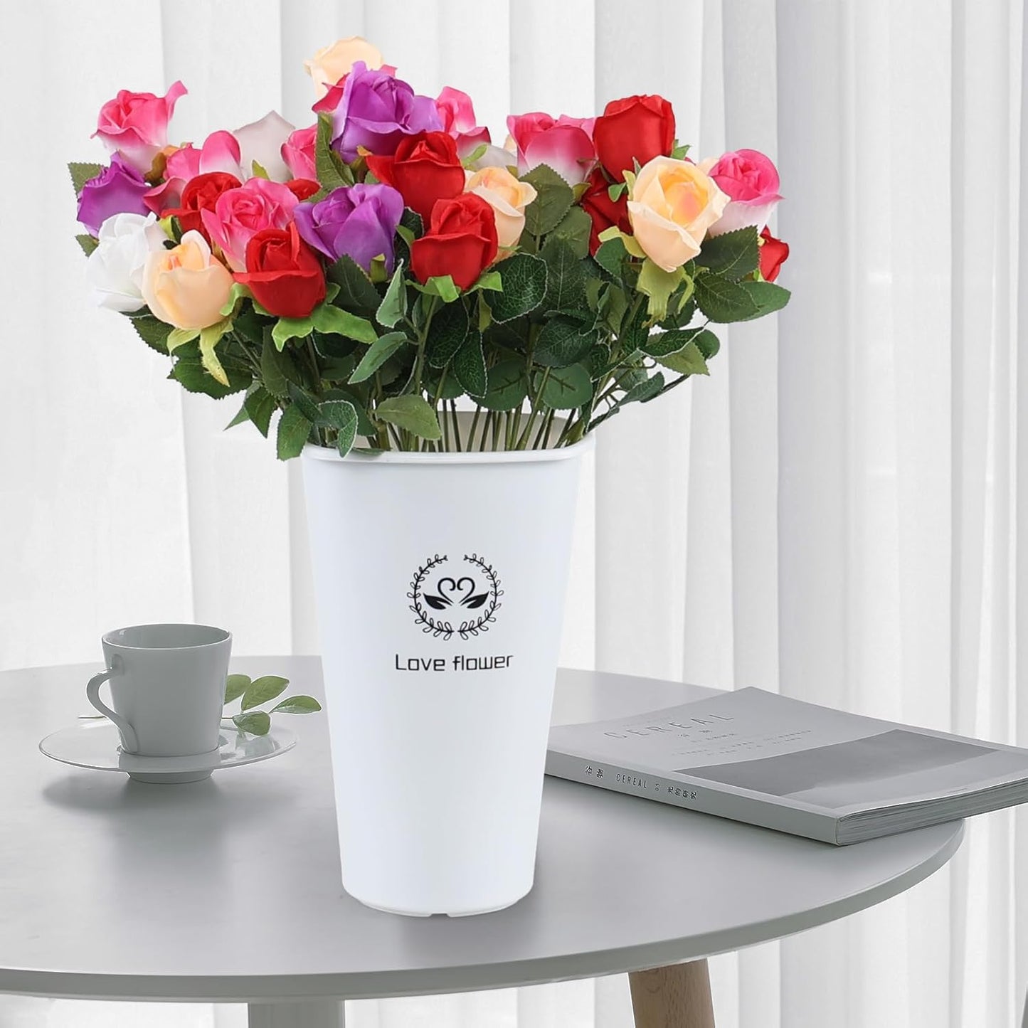 12 Inch Tall Flower Plant Buckets with Handles, Deep Plastic Flower Holder Tall Plant Pot, Planter Farmhouse Vase, Set of 4, White