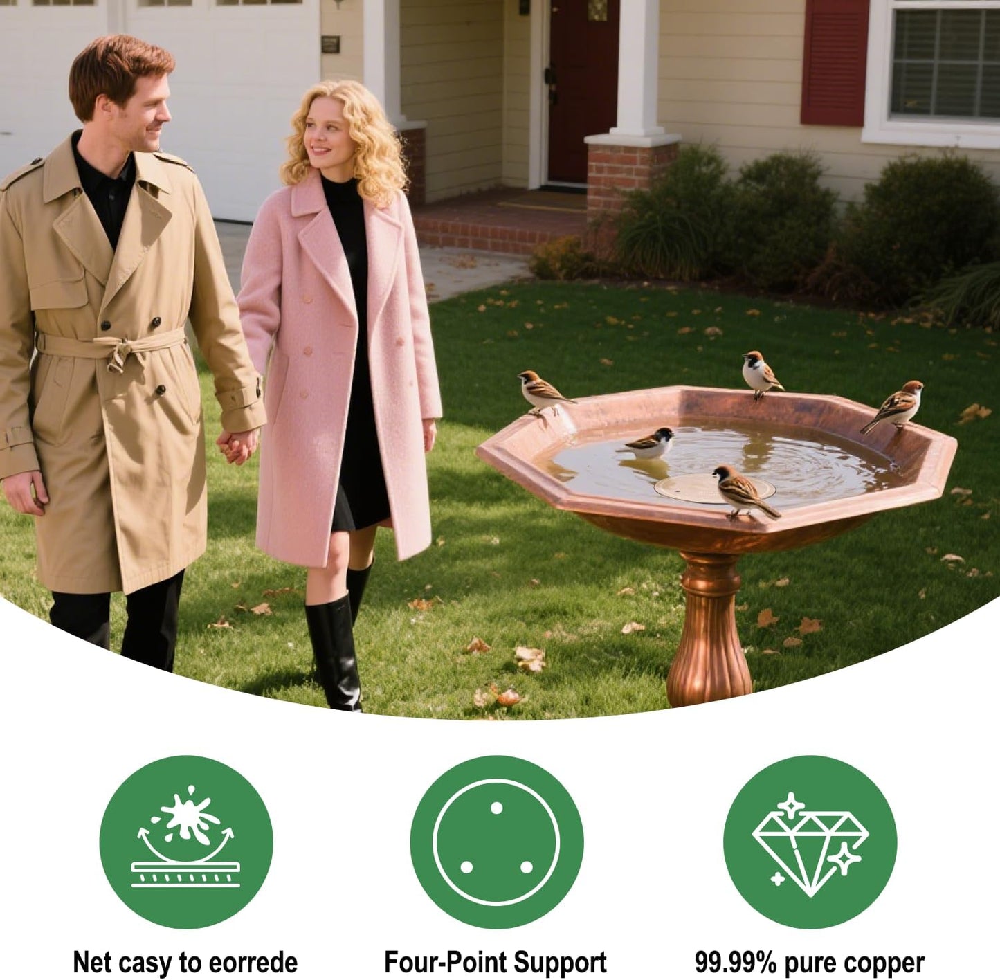 Birdbath Copper Plate Water Purifier,with Stable 3-Point Support,Stable and Safe,Natural Clean Water Purifier,Universal Outdoor Birdbaths(2 Pack)