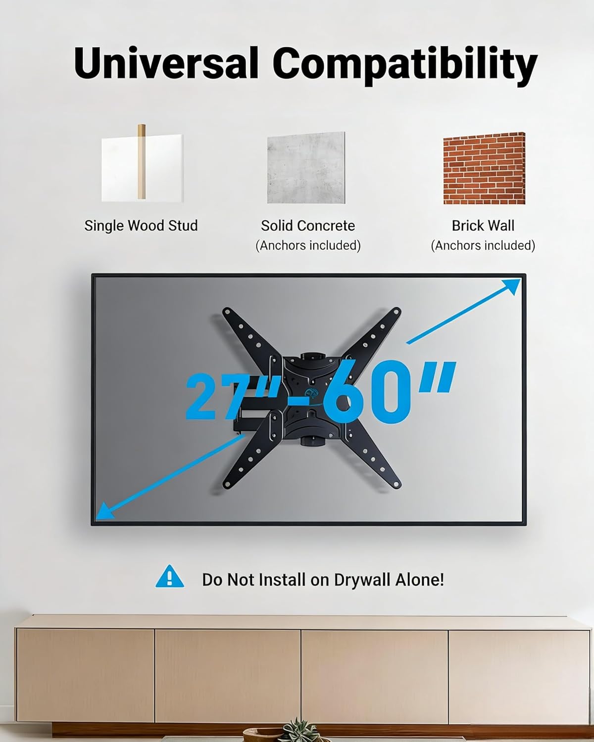 PERLESMITH Full Motion TV Wall Mount for 27-60 Inch Flat & Curved TVs, Single Stud TV Mount with Articulating Swivel Tilt - Wall Mount TV Bracket VESA 400x400mm up to 77 lbs, Perfect Center Design