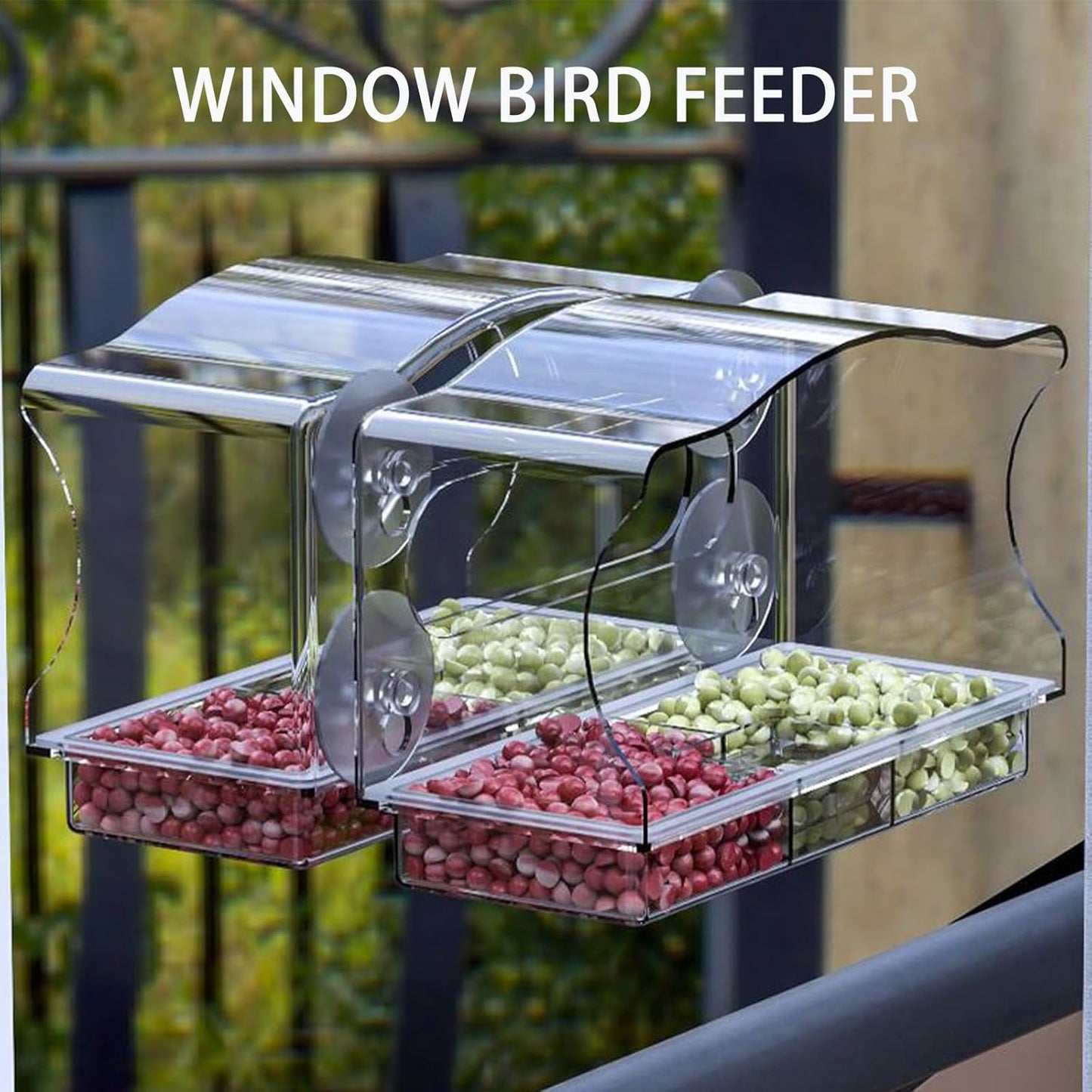 Window Bird Feeder Viewing Box - 10x6 Inches Acrylic Window Bird Feeder with 4 Strong Suction Cups, 3 Compartment Trays, Clear Birdfeeder with Enhanced Grip, Watching Cardinal for Cat