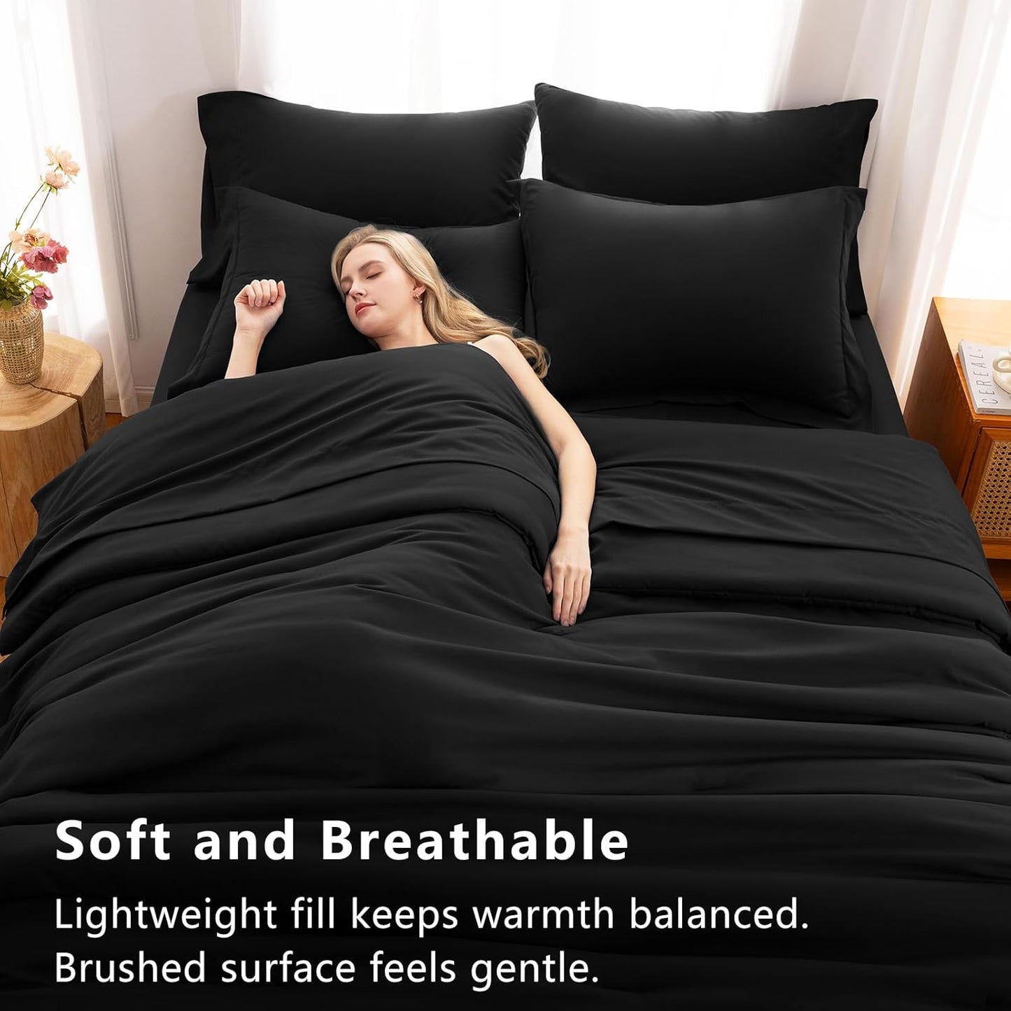 CozyLux Queen Comforter Set Black, 7 Pieces Bed in a Bag Soft Bedding Comforter Set with Sheets, All Season Boho 7PC Bed Sets with Comforter, Fitted Sheets, Flat Sheets, Pillow Shams and Pillowcases
