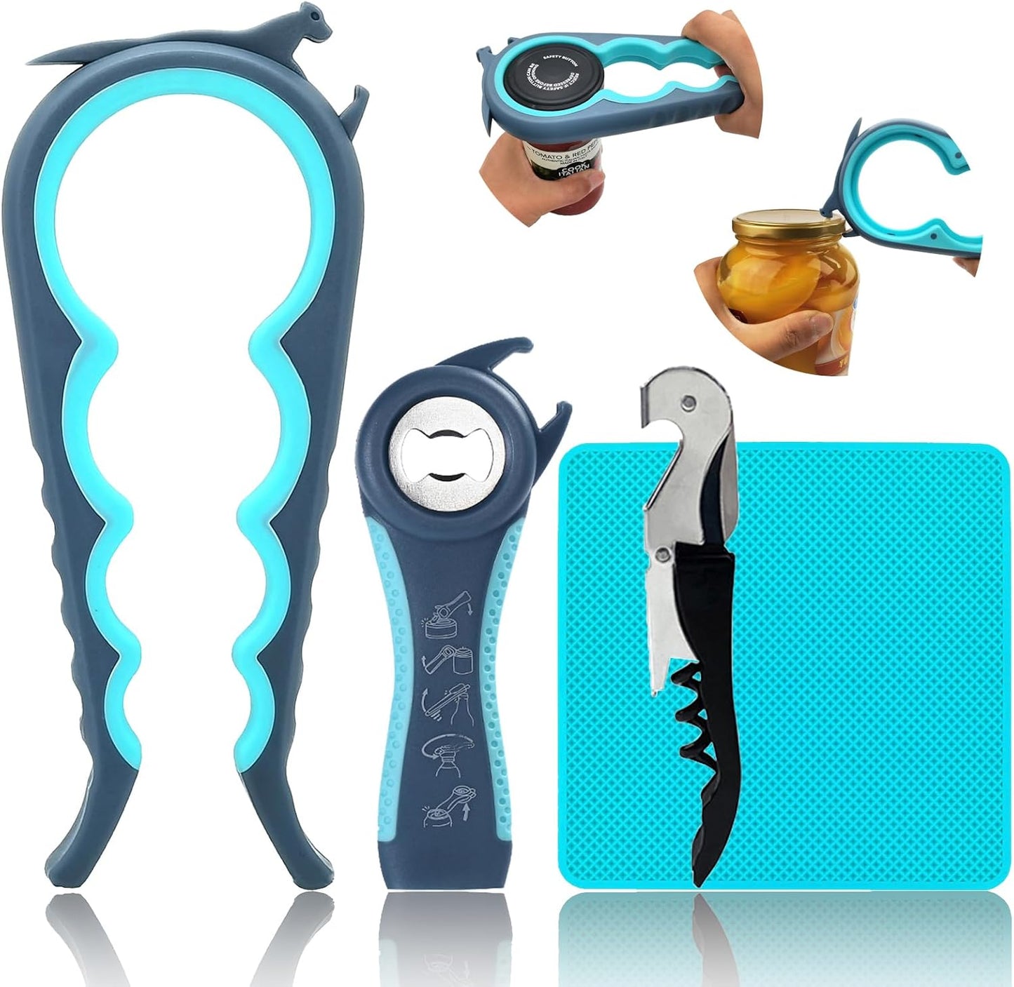 Otstar Jar Opener & Bottle Opener Set for Weak Hands - Multi-Function Kitchen Opener Tool for Seniors with Arthritis, Elderly - Includes Jar Lid Gripper Pad, Corkscrew Opener