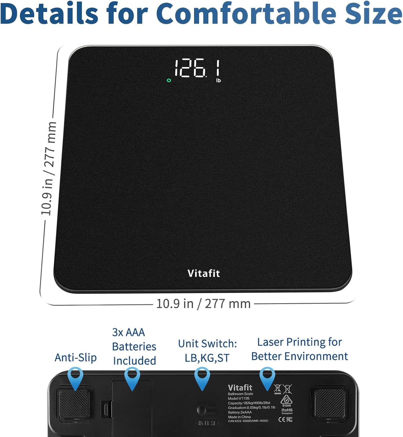 Vitafit Scale for Body Weight, High Accuracy 0.1lb by Our Professional Factory Since 2001, Digital Weight Scale LED and Step On, 3*AAA Batteries Included, 400lb/182kg, Spray Silver Black