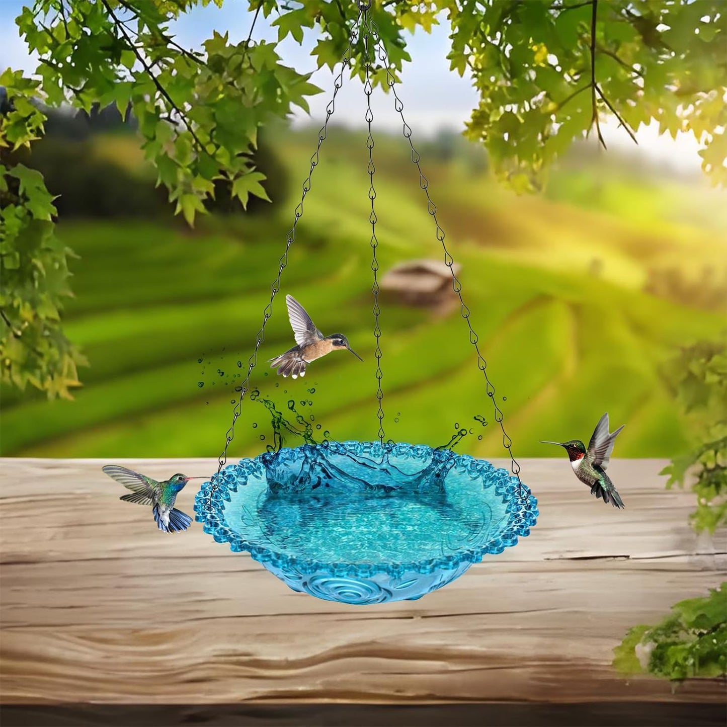 4 Pack Hanging Bird Baths Bowl Outdoor Bird Feeder 15.7 Inch Metal Chains, Weather-Resistant Hanging Bird Feeder & Bath Tray for Garden, Patio, Backyard Wildlife Decor