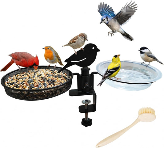 Deck Bird Feeder for Balcony Railing, No-Drill Adjustable Clamp Mount, Heavy-Duty Metal Mesh Platform Tray, Windproof Removable Water Bowl Bird Bath, Feeding Station for Wild Birds with Cleaning Brush
