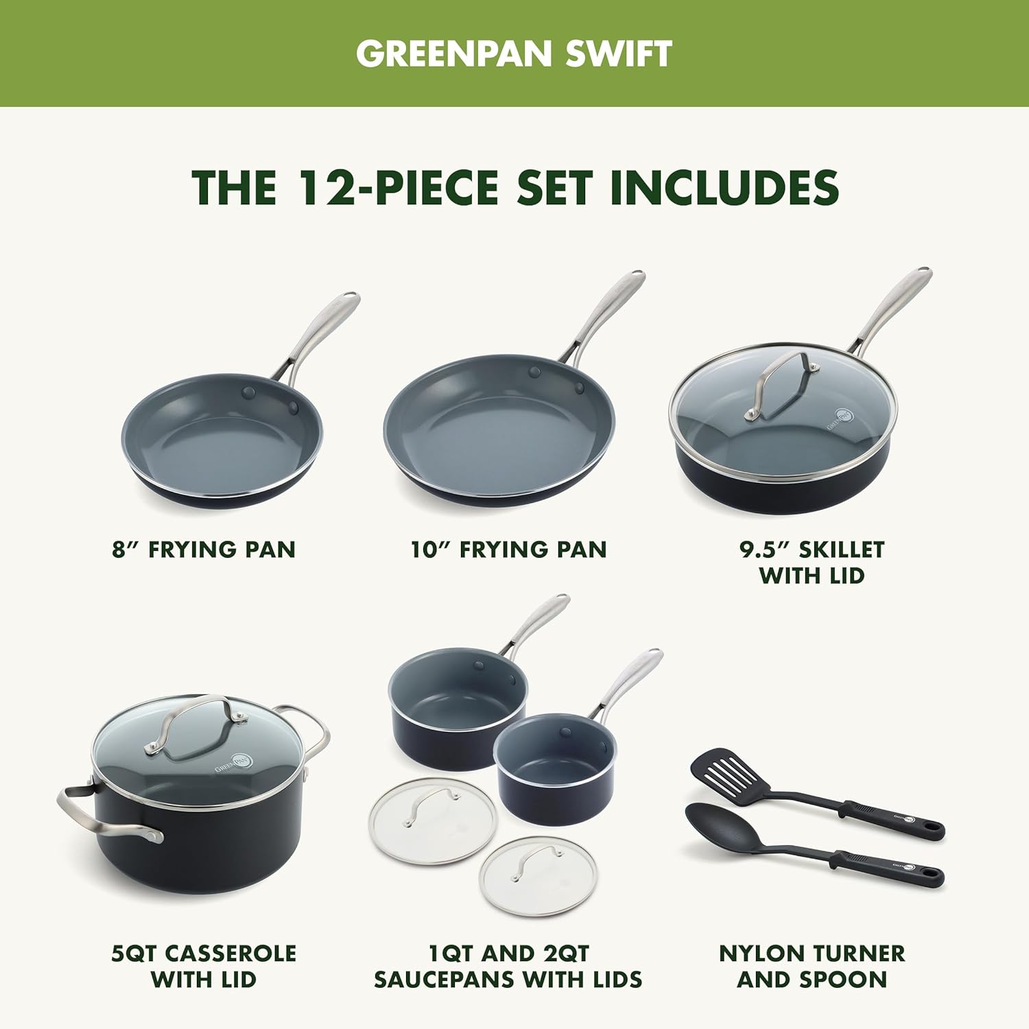 GreenPan 12 Piece Nonstick Swift Cookware Set, Ceramic PFAS-Free Pots 