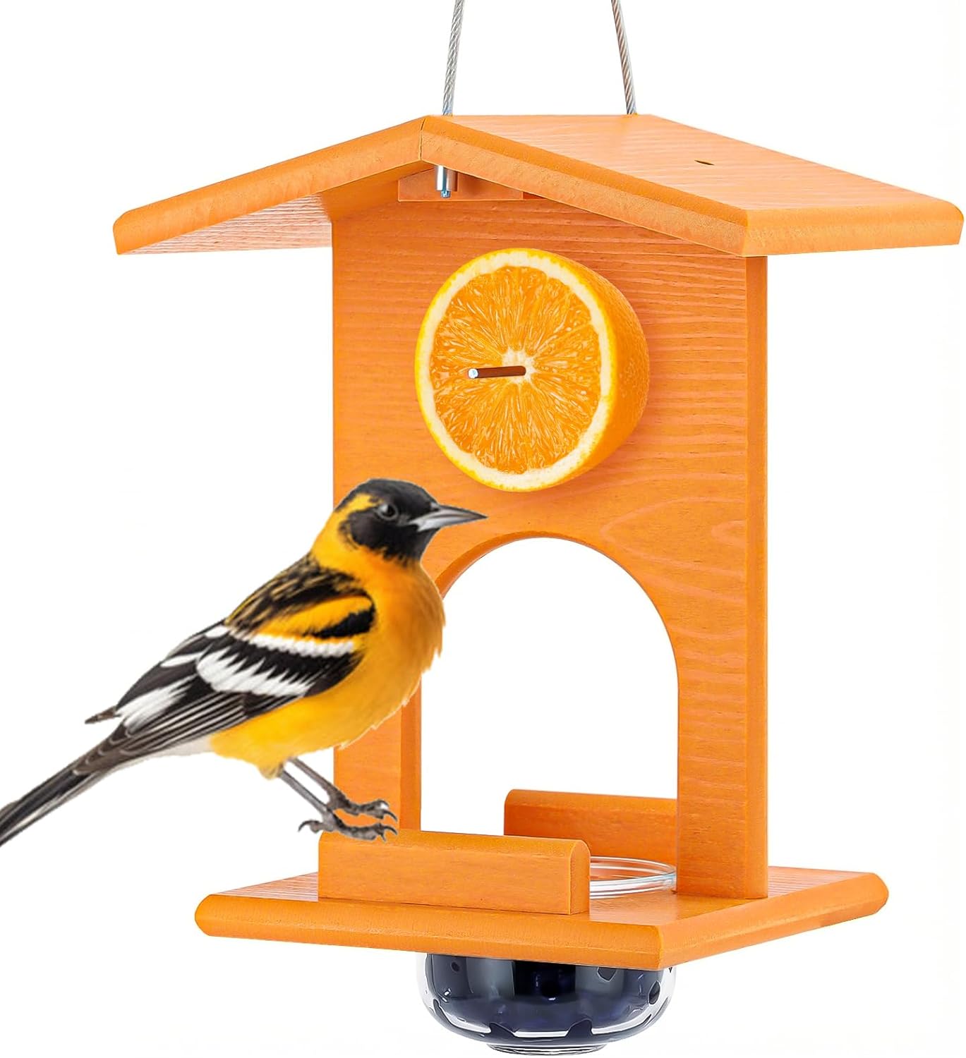 Oriole Feeders for Outdoors Hanging,All-in-One Recycled Plastic Oriole Feeder with A Removable Glass Cup Jelly or Jam, Fruit, Nectar or Seed for Orioles,Orange,1 Pack