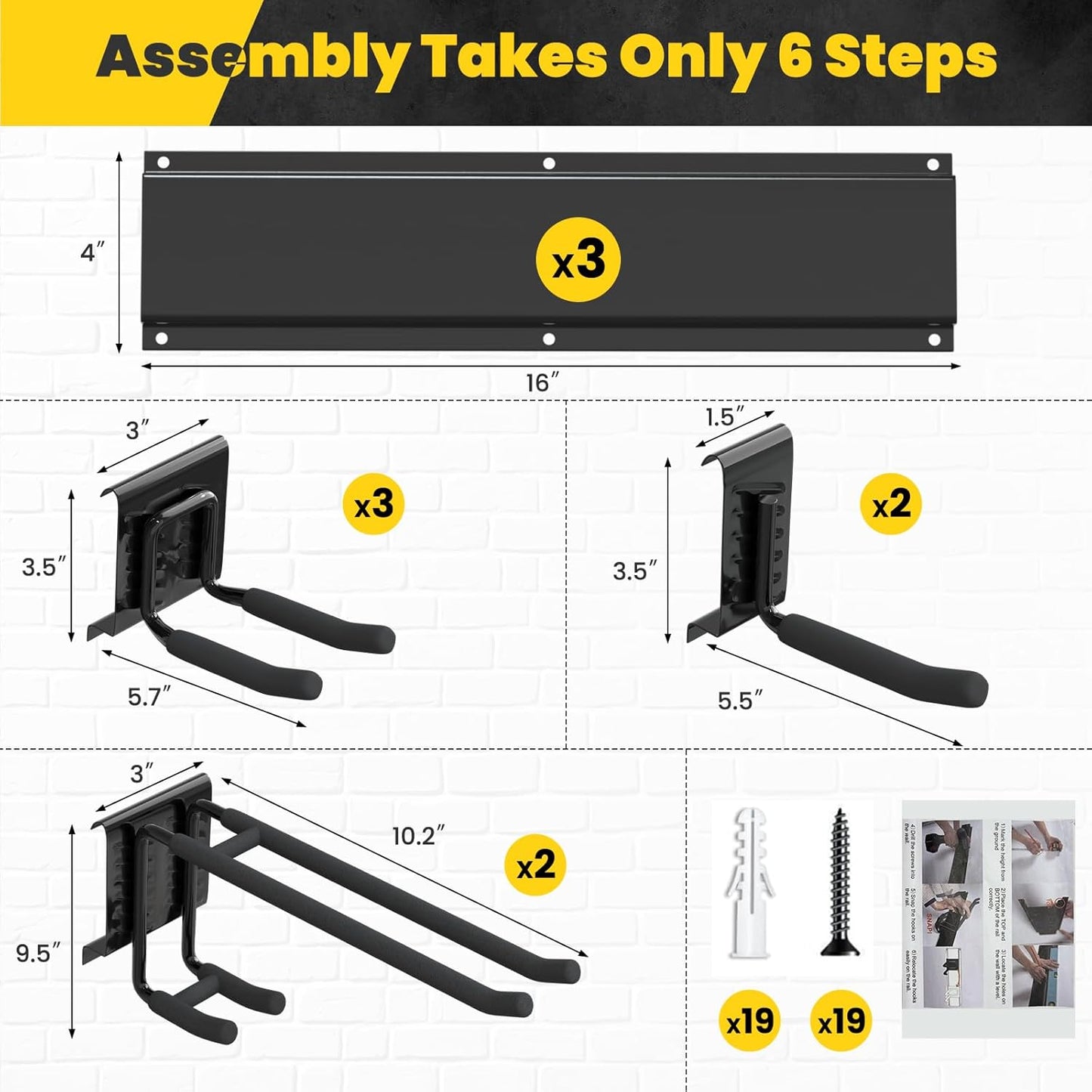 Garage Wall Organizers, 48'' Yard Tool Organizer Wall Mount with 7 Storage Hooks, Sturdy Easy Assembly Heavy Duty Garage Organization, Garden Lawn Tool Organizer for Tools, Skis, Ladders