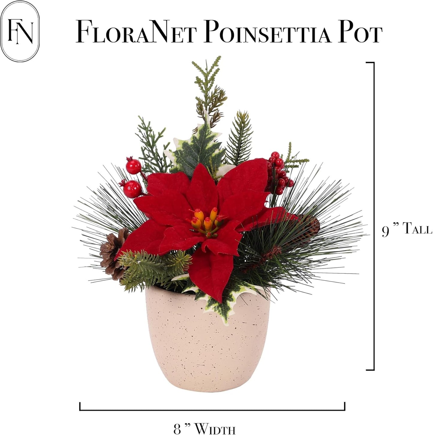 4 Pack 9" H Christmas Tabletop Artificial Fake Christmas Red Poinsetia Flocking Berry Pine for Home Office Desk Fireplace Decorations