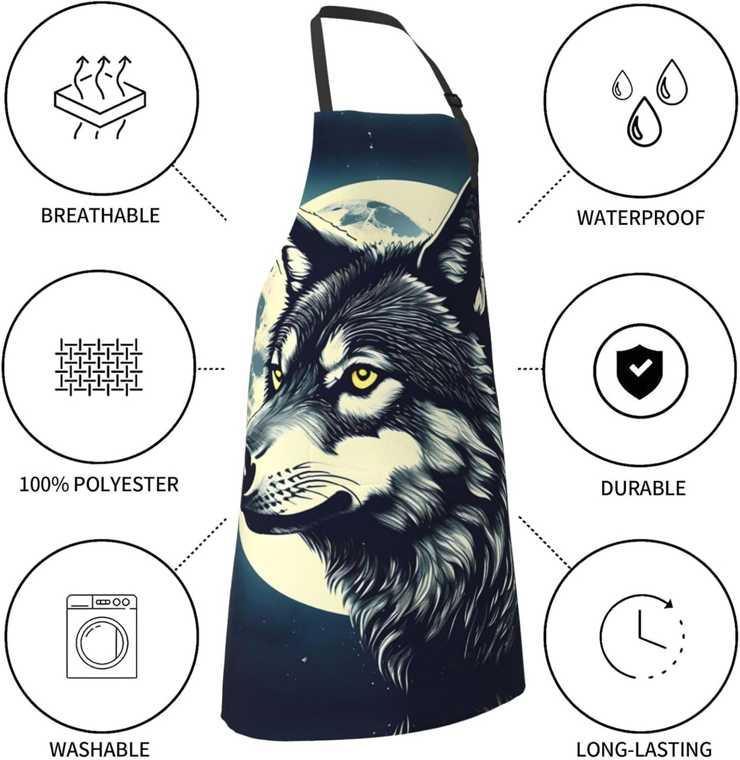 Wolf Night Moon Print 28x33 In Adult Kitchen Apron with Pockets Versatile Chef Smock for Cooking Baking