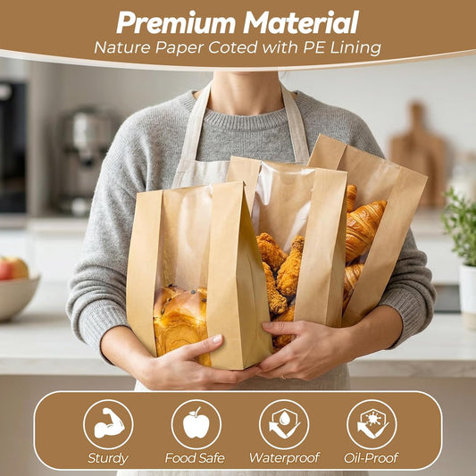 Tripho 100 Pcs Bread Bags for Homemade Bread with Clear Window & 120 Stickers, Sourdough Bread Bags for Storage of Bread,Cookies & Snacks, Large Bakery Paper Bags