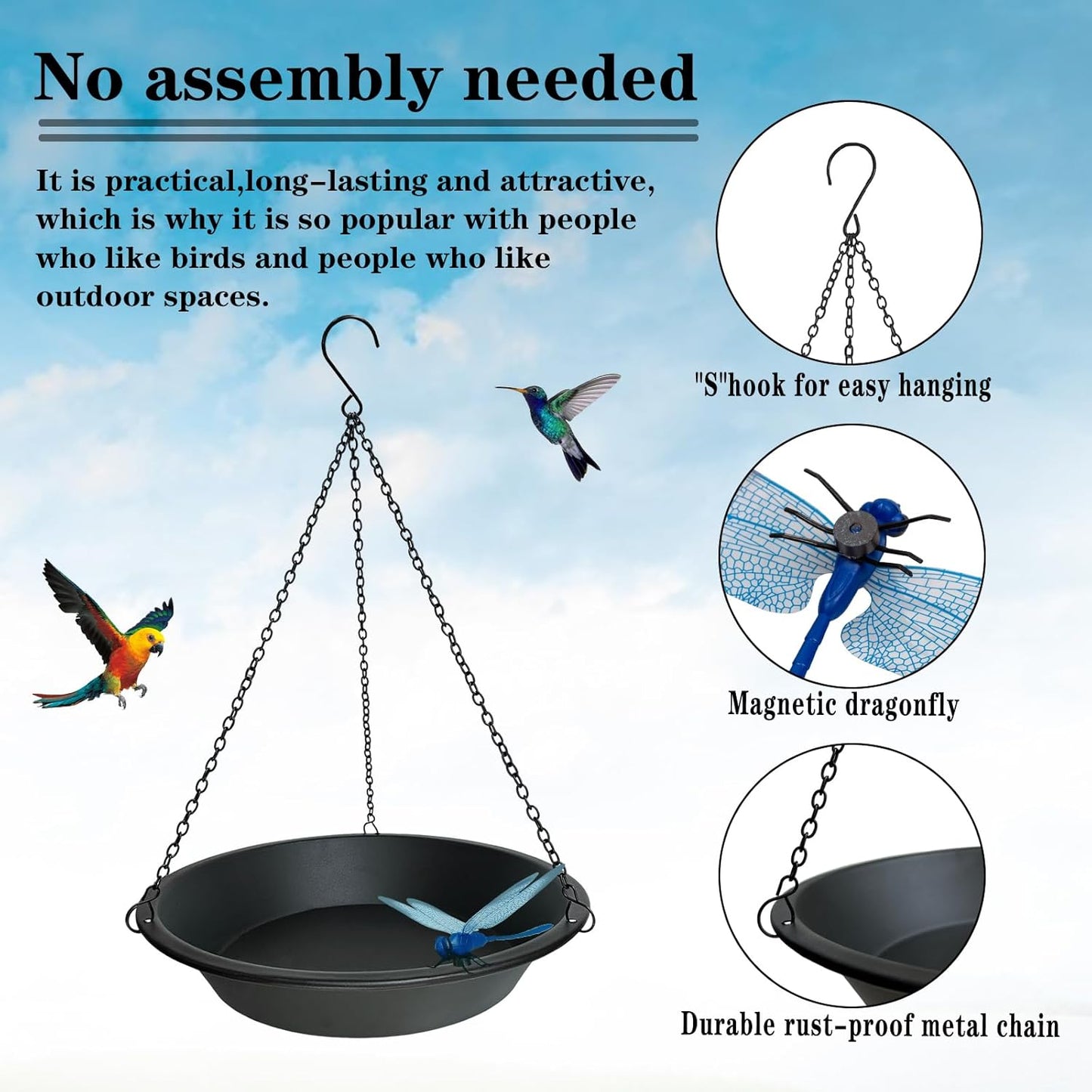 Hanging Bird Bath for Outdoors 11.4 inch Birdbath Bowl Window Birds Feeder with Rust-Proof Black Chains Hooks Metal BirdBaths Hanging Bird-Feeder for Garden Backyard Decor Metallic Black
