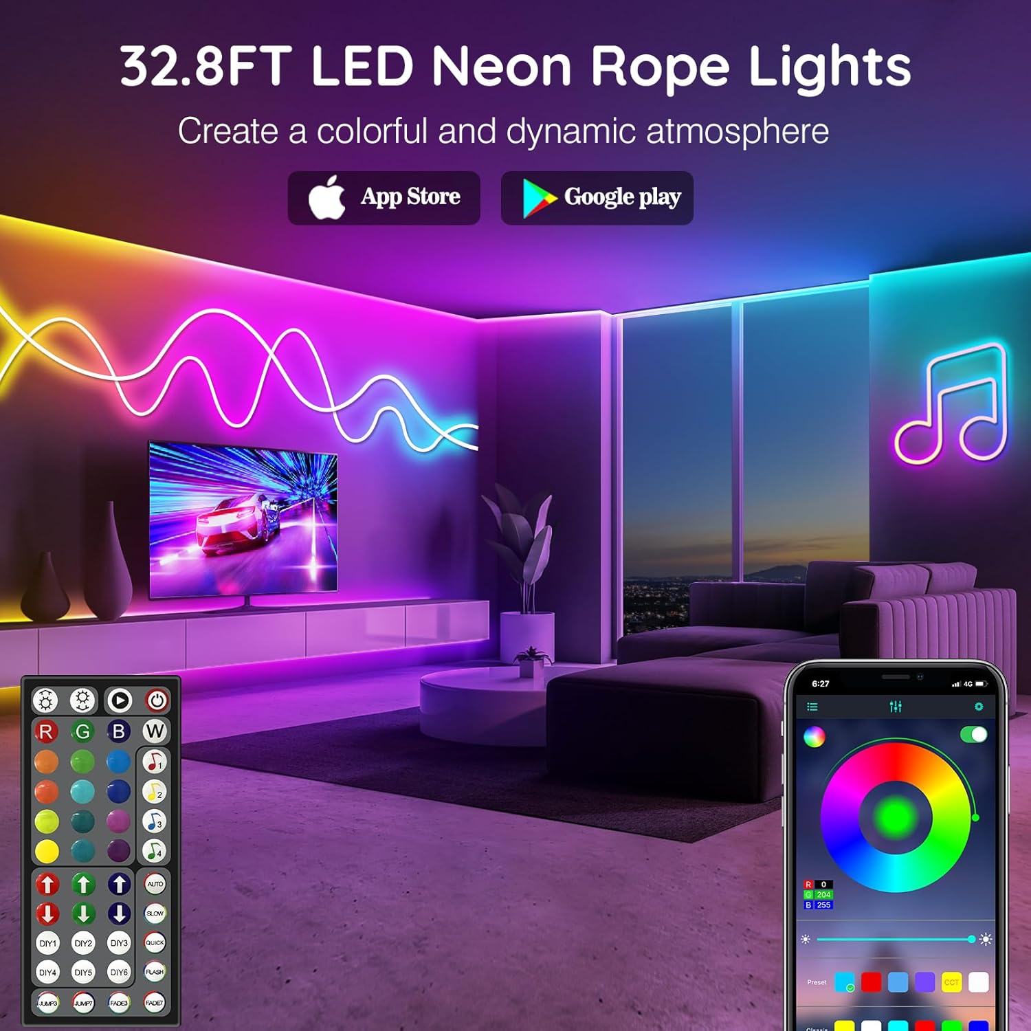 LETIANPAI 32.8Ft Neon Rope Lights,Flexible Led Rope Lights Control wit