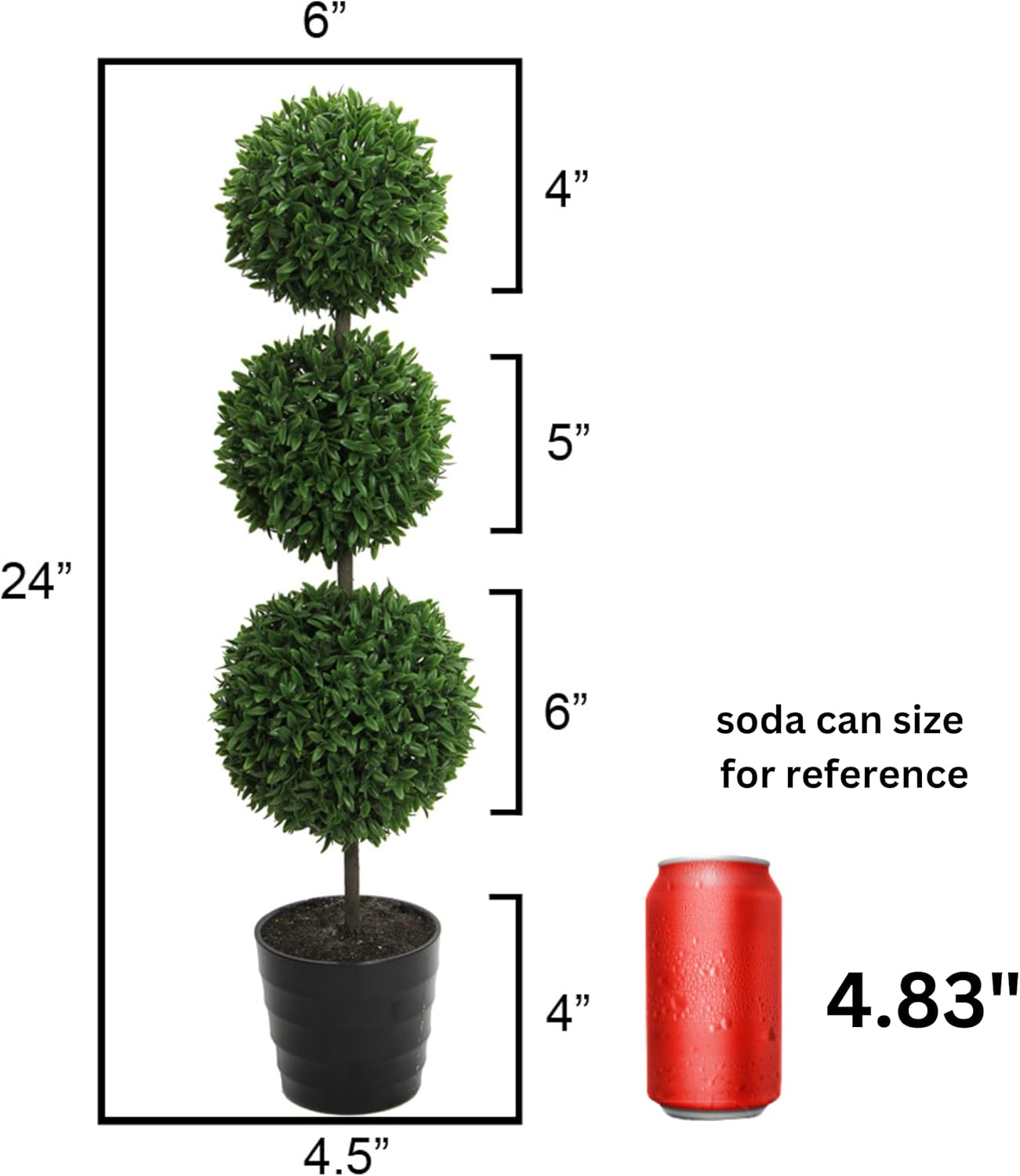 Admired by Nature 24 Inch Artificial Boxwood Topiary Plants - 3 Ball-Shape Faux Topiaries with Planters for Home Decor, Office Desk, Front Porch Indoor and Outdoor - Green with Black Pot, 1 Pack