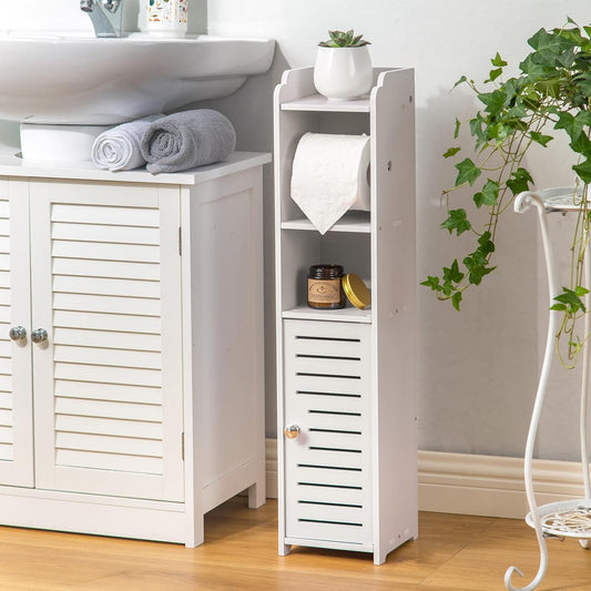 AOJEZOR Toilet Paper Holder Stand: No Drill PVC Small Bathroom Cabinet